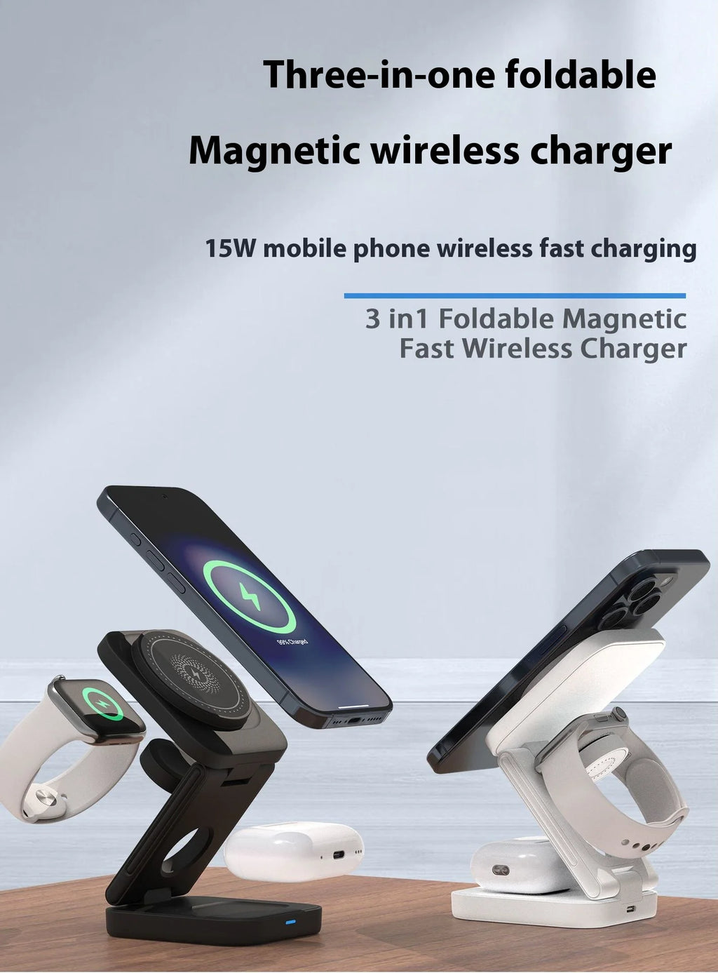 ✨ Cargador 3 en 1 Plegable – Wireless Fast Charging
